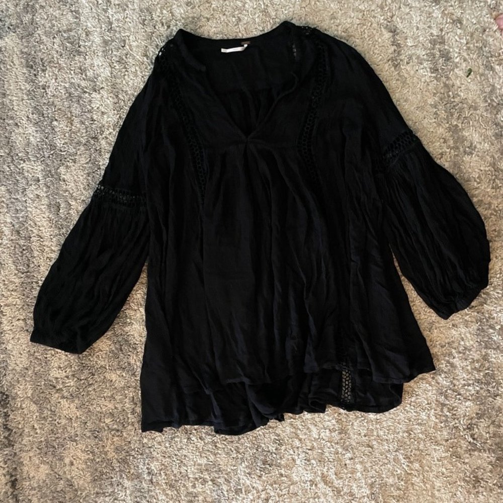 Free People Black BOHO Peasant Tunic Top Shirt Woman sz Small